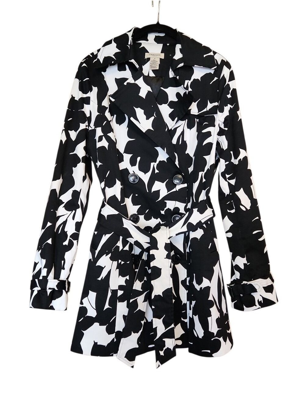 VERTIGO PARIS BLACK WHITE FLORAL TRENCH COAT SIZE SMALL COTTON BLEND JACKET